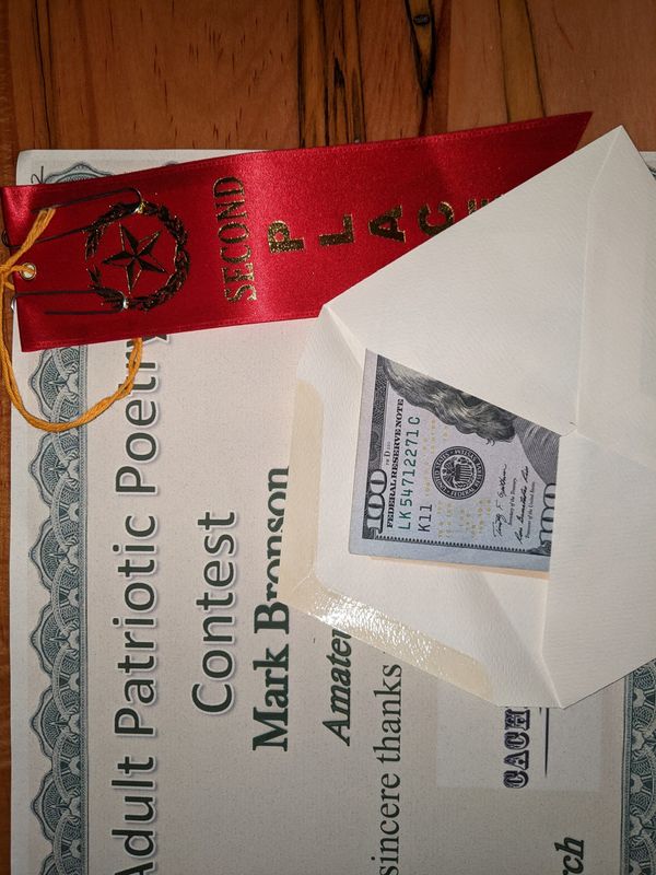 Poetry contest certificate with a red ribbon