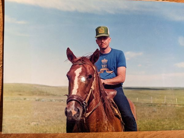 Vintage photo of a young rider on a chestnut horse on the open prairie